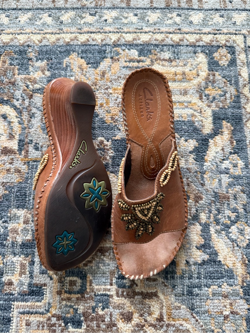 Clarks Brown Beaded Leather Slide Mules - Picture 3 of 4